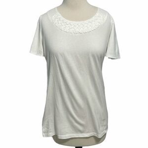 Women's Karen Scott Braided Neck T-Shirt White Medium Tee Shirt‎ Casual Bright